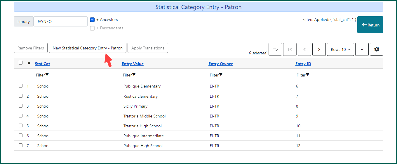 Arrow pointing at New Stat Cat Entry button