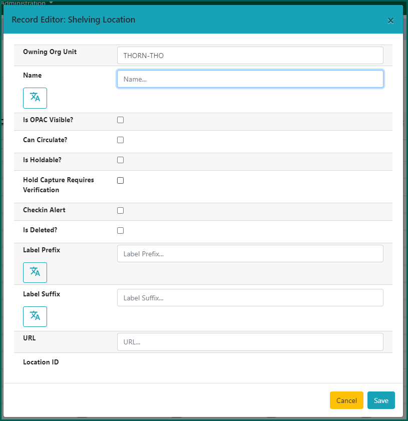 Shelving Location record editor form