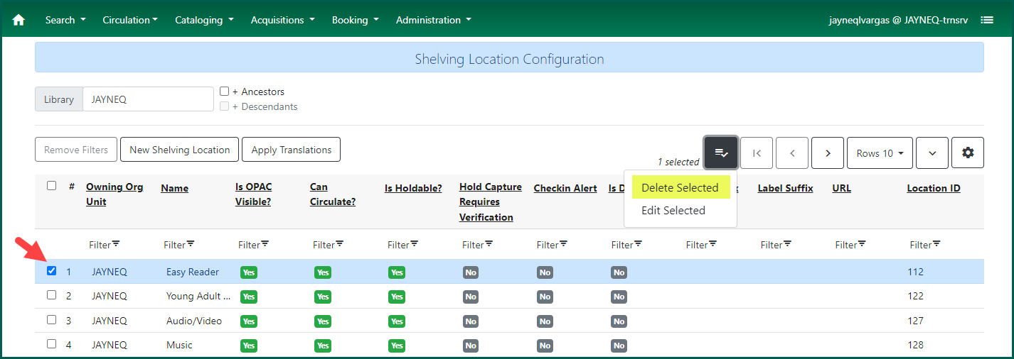 Select the shelving location to delete