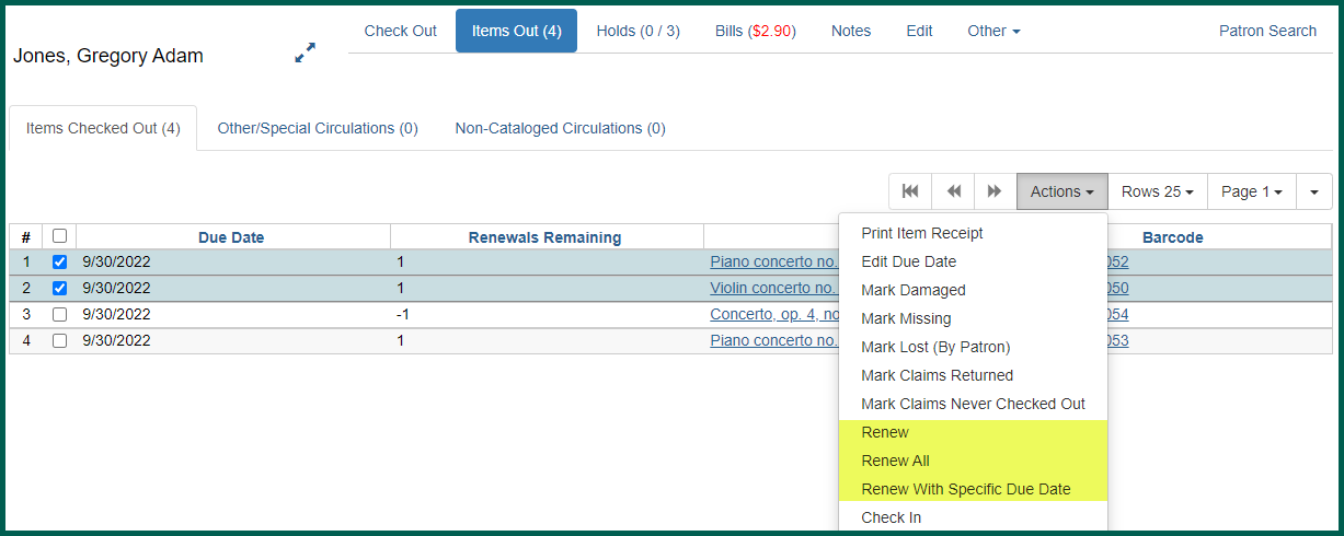 Select one of the renew options from the Actions menu