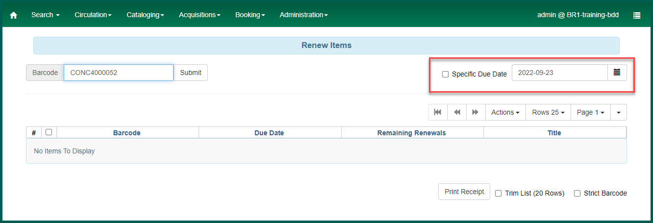 Renew items from the Circulation top navigational menu