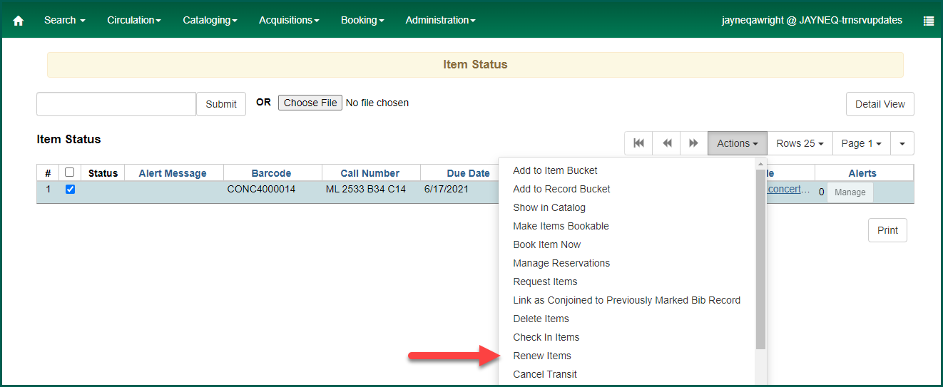 Click Renew Items from the action menu in Item Status