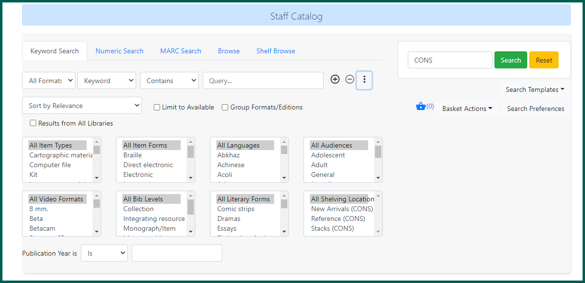 Enter your search parameters in the staff catalog