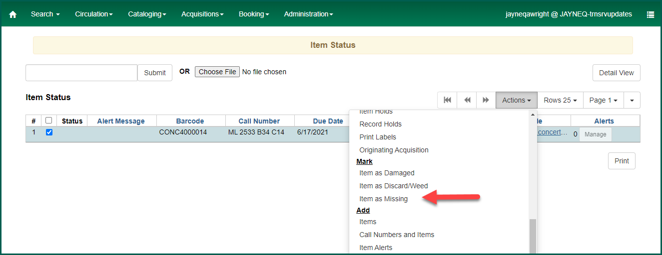 Click Mark Item as Missing from Actions menu in Item Status