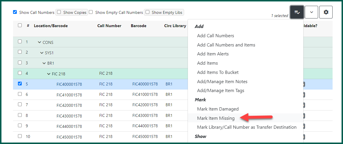 Click Mark Item Missing from the Actions menu