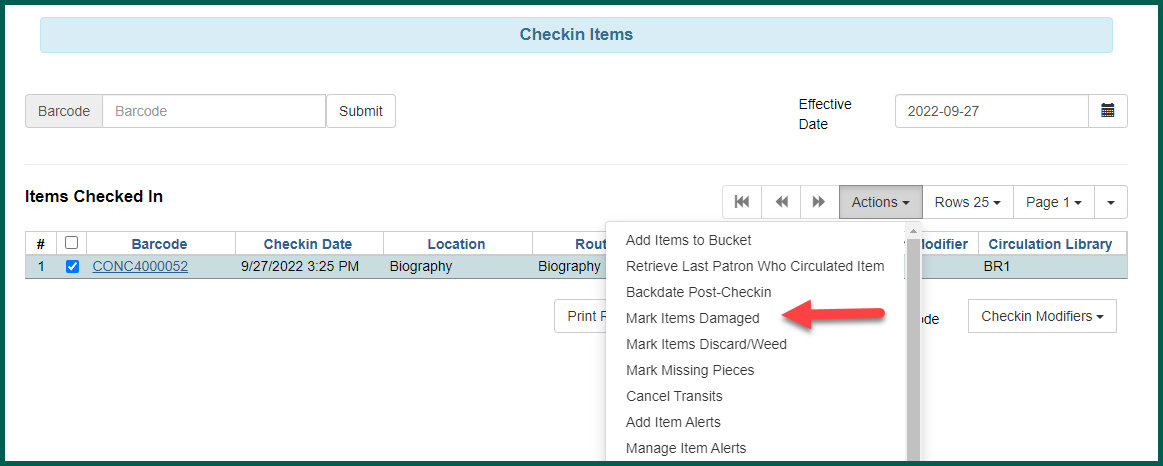 Mark Items Damaged is available in the Actions menu