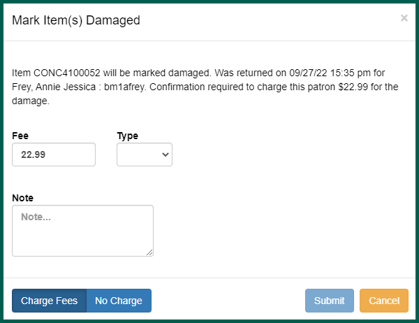 Add billing for damaged material to the most recent patron who circulated it