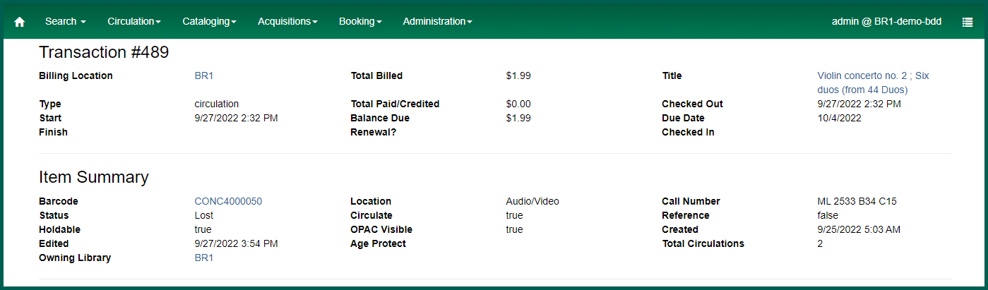 Transaction information with an item summary