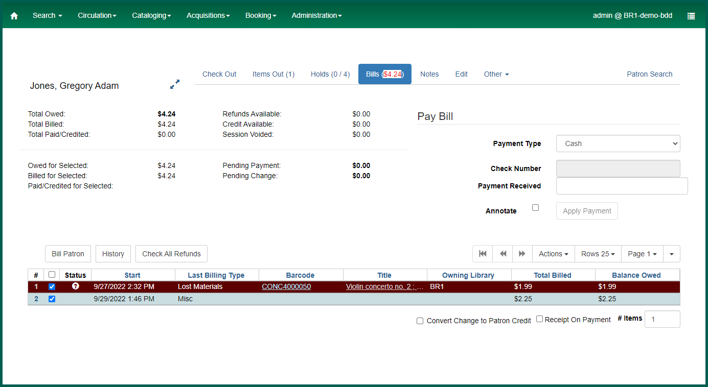 Click the Bills tab to show associated account billings