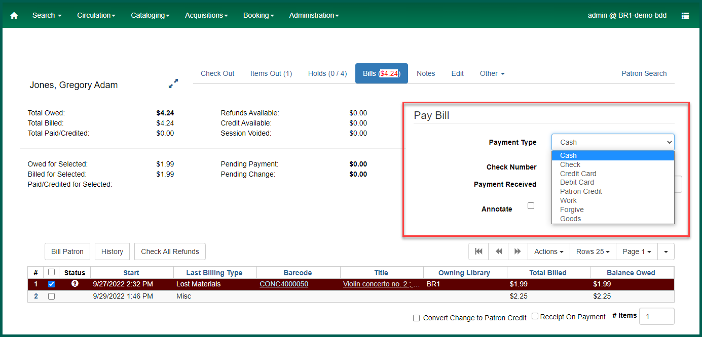 Select the payment type