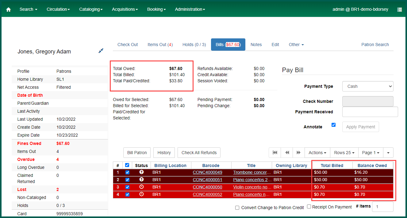 Total owed will show amount based on selected bills