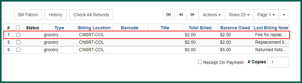 The new bill will appear in the bill grid