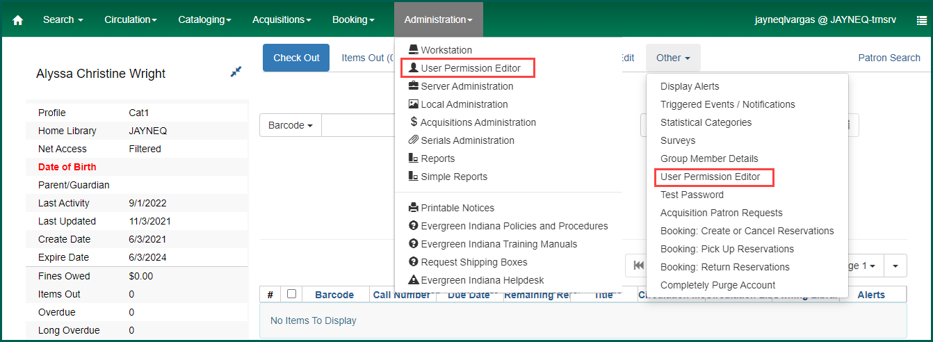 Access User Permission Editor from Administration menu or Other menu from patron account