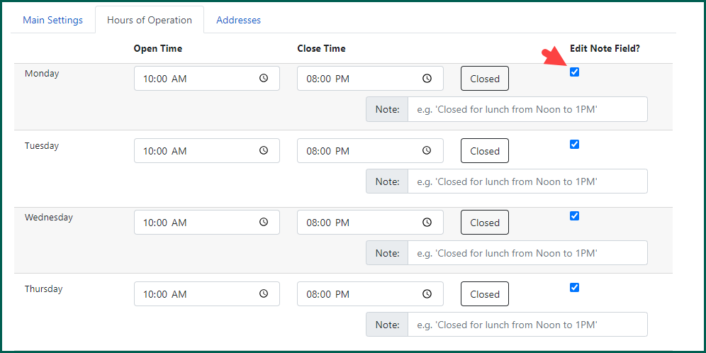 Checkmark Edit Note Field to add a constant note