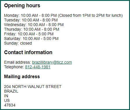 Example of Opening hours in the OPAC