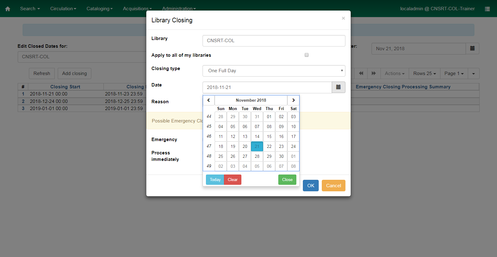 Select a date for the closure using the drop down calendar