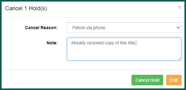 Select the cancel reason and enter the note.