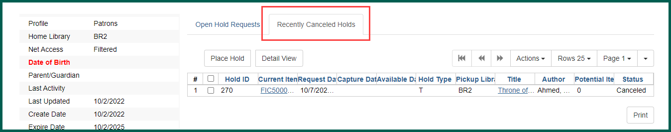 Click on the recently canceled holds to view a history of canceled holds.