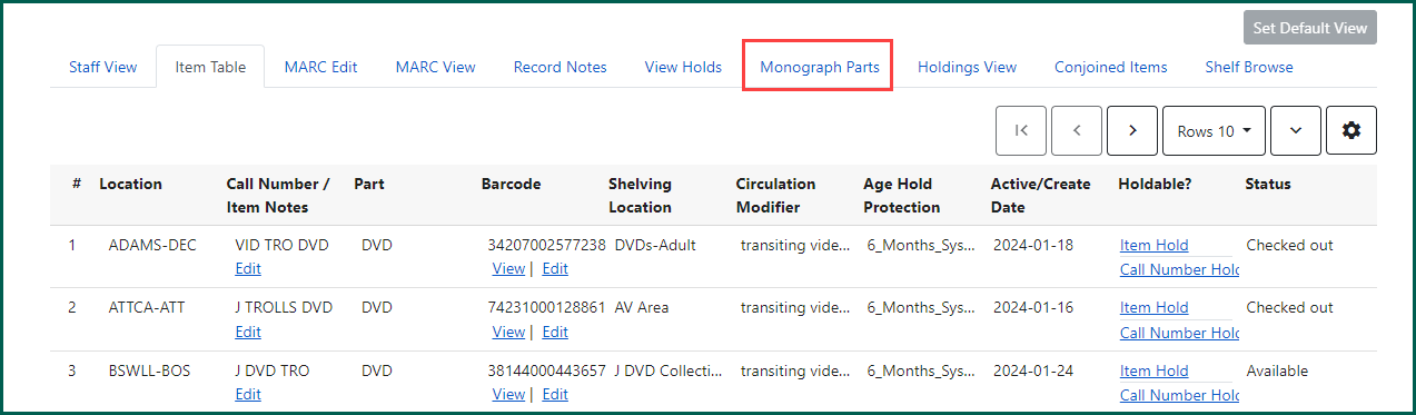 Select the Monograph Parts tab to manage the record parts