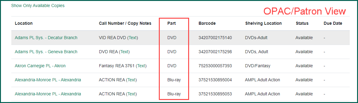 Part label is visible in the part column in the online catalog