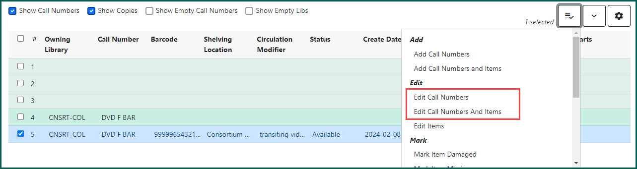 select Actions and choose Edit Call Numbers or Edit Call Numbers and Items.