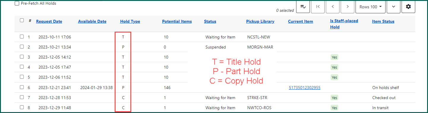 arrow pointing at the view holds tab in a bibliographic record
