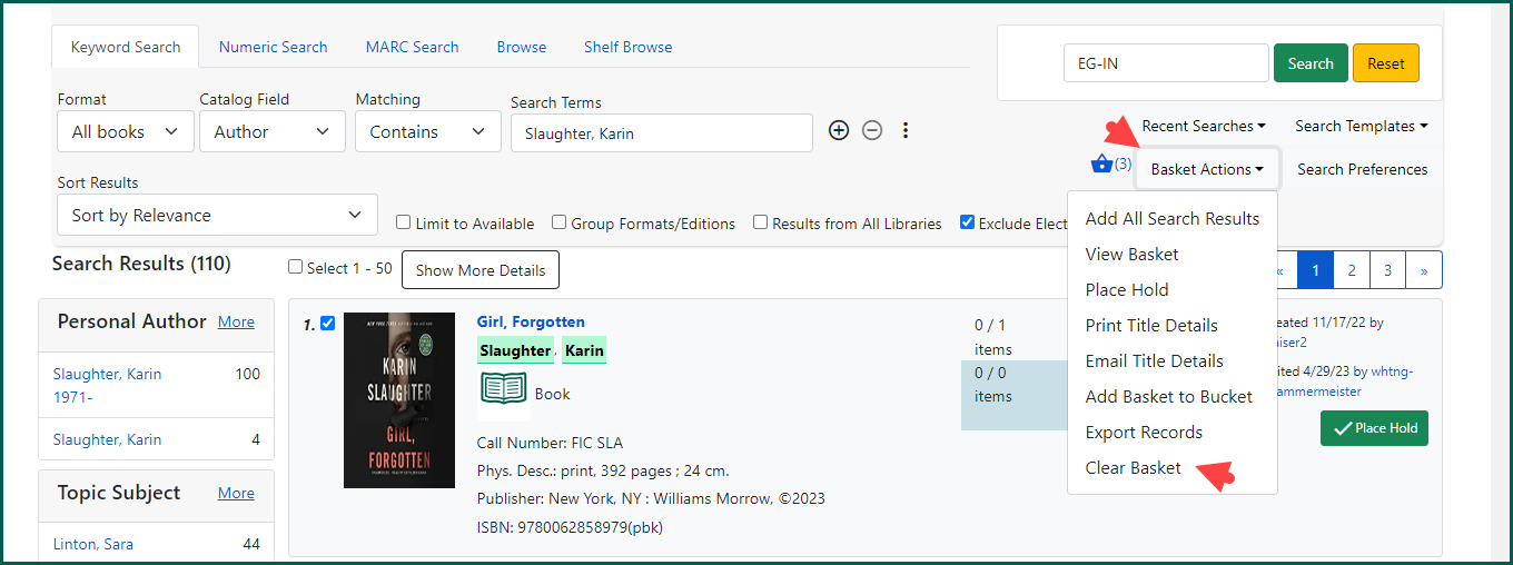 Click clear basket to remove all records from the basket.