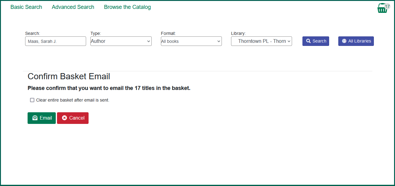 Confirm if you wish to be emailed the titles from your basket.