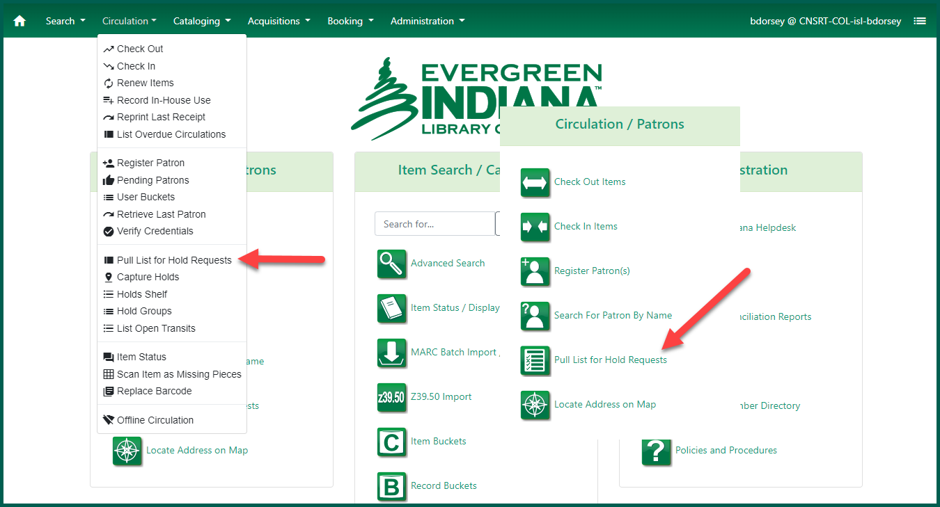 Access the pull list from the portal page and the circulation top navigation menu