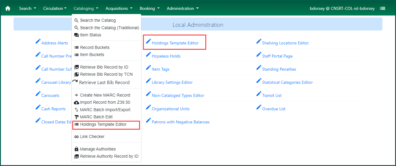 Image of where to access the standalone holdings template editor