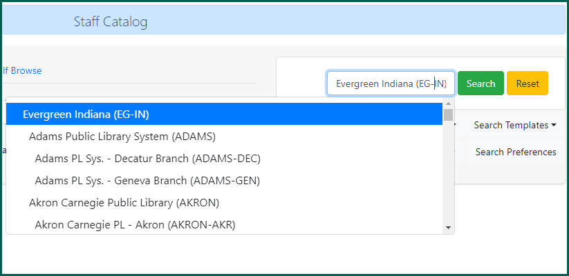 Image showing combined library names in the staff catalog library selector