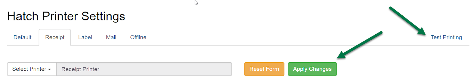 Arrow pointing at the test printing link and arrow pointing at Apply Changes