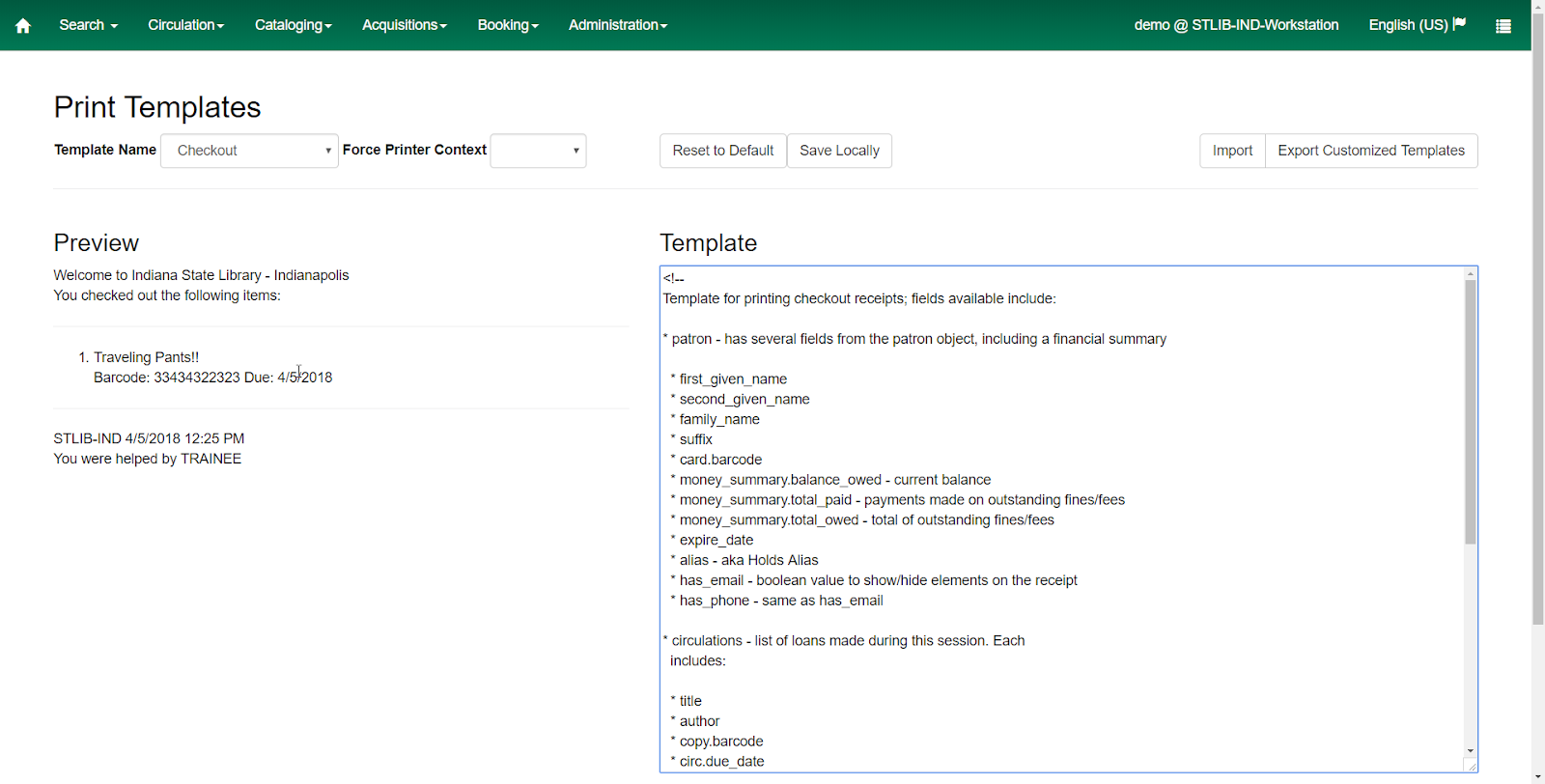 Image of Print Templates page with a preview on the left and the edit fields on the right