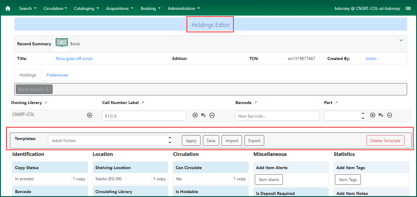 Image of the Template Editor in the Holdings Editor