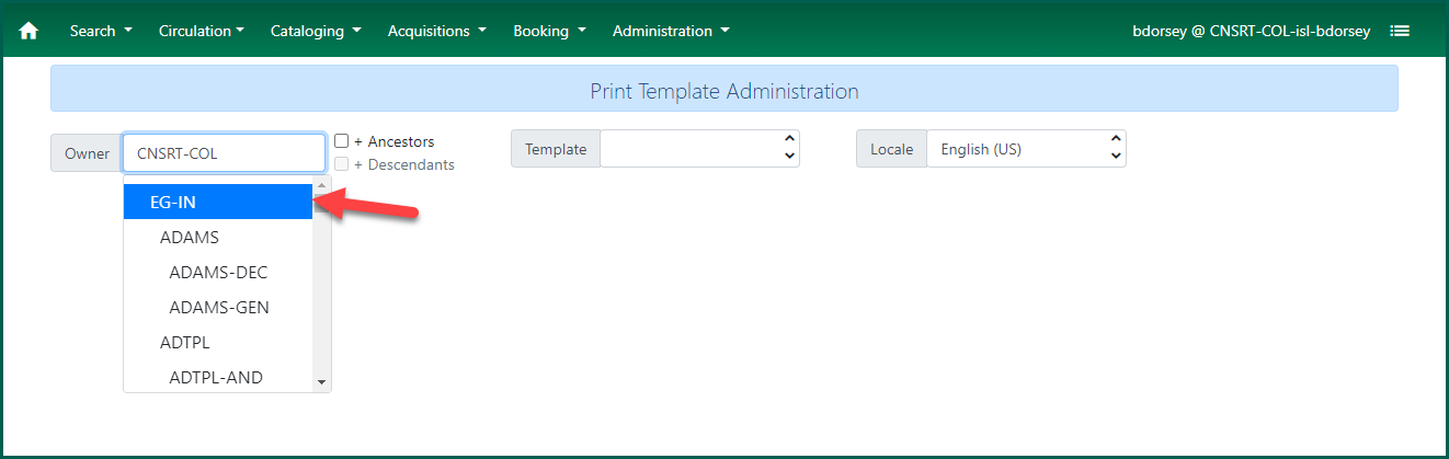 Select the consortium level from the library selector dropdown