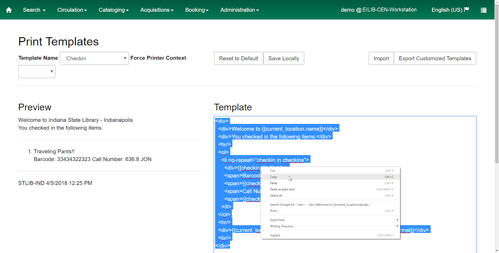 Highlight the template you wish to copy to a different workstation