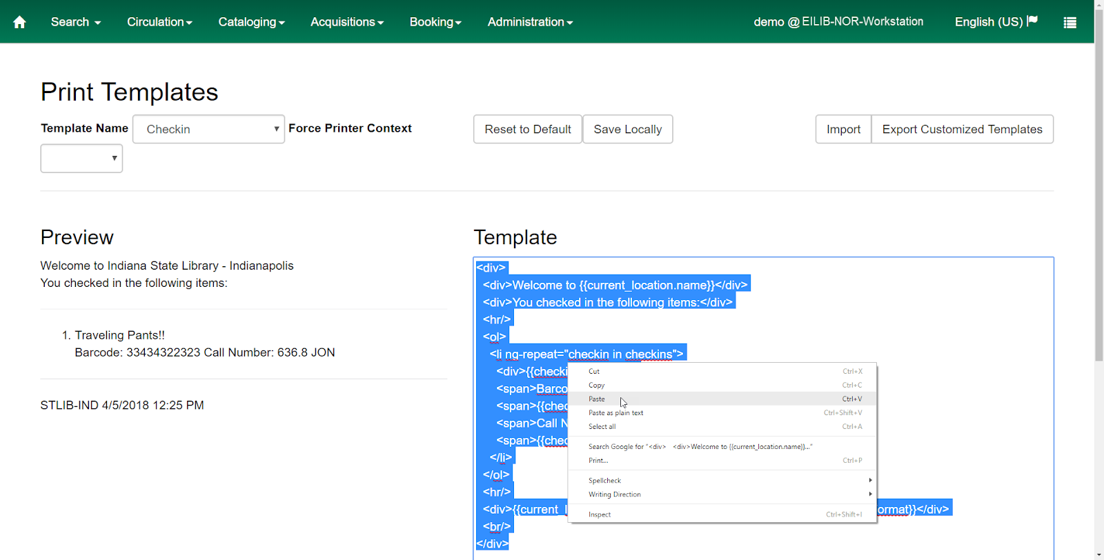 Paste a single template from a txt document into the workstation print template