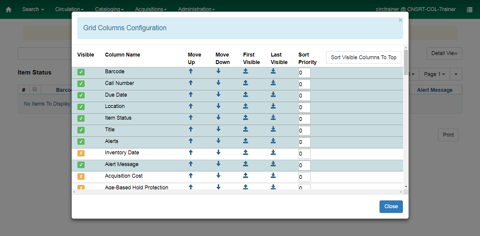 Manage columns opens a modal for easier column selection