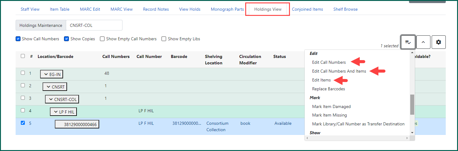 Three menu options will take you to the Holdings Editor