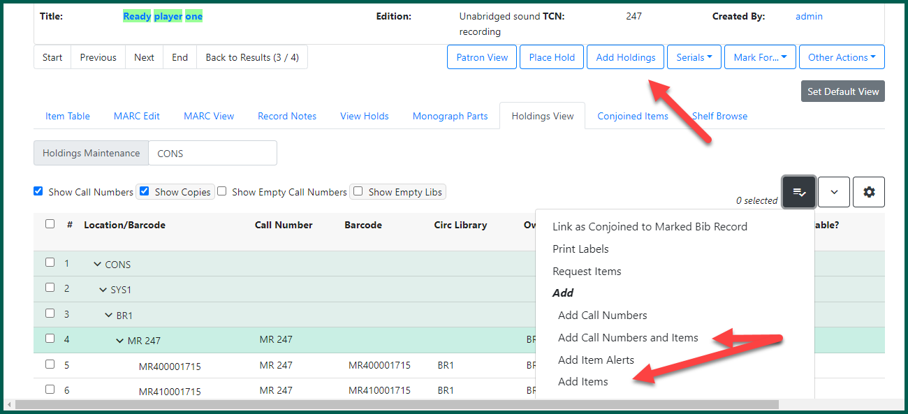 Click on Add Holdings or an Add action from the menu in Holdings View