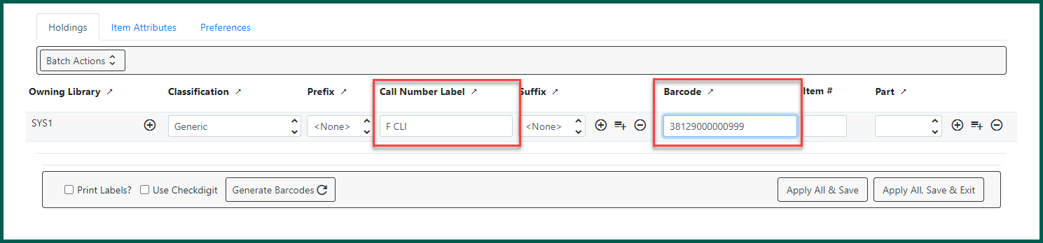 Enter the call number and barcode in the appropriate fields