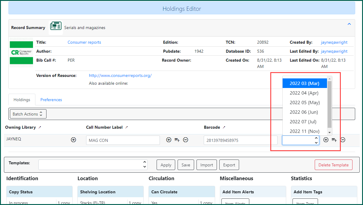 Click the part field to view any parts that have already been created for the bibliographic record.