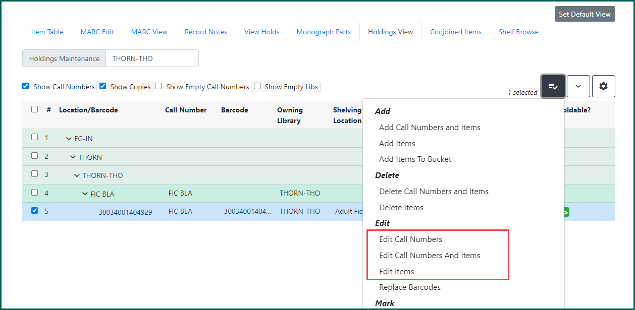 Edit options from Holdings View