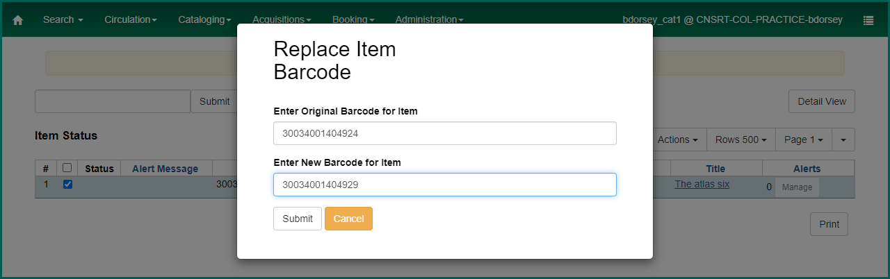Enter the new barcode and click Submit to update it.