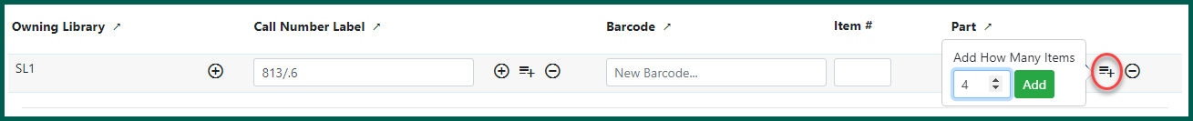 Add multiple barcode fields at one time using the center icon.