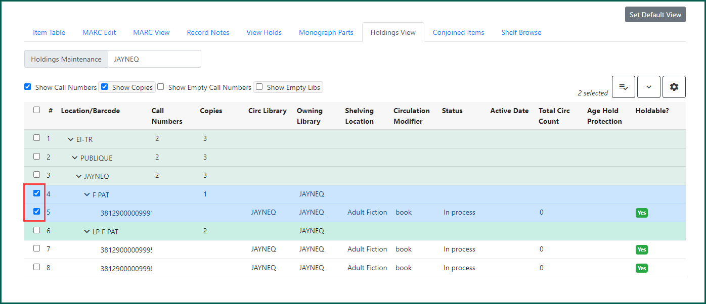 Checkmark the call number and barcode in holdings view