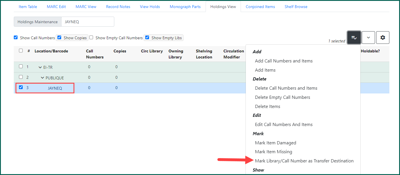 Select the branch level of library you are transferring the item(s) to.