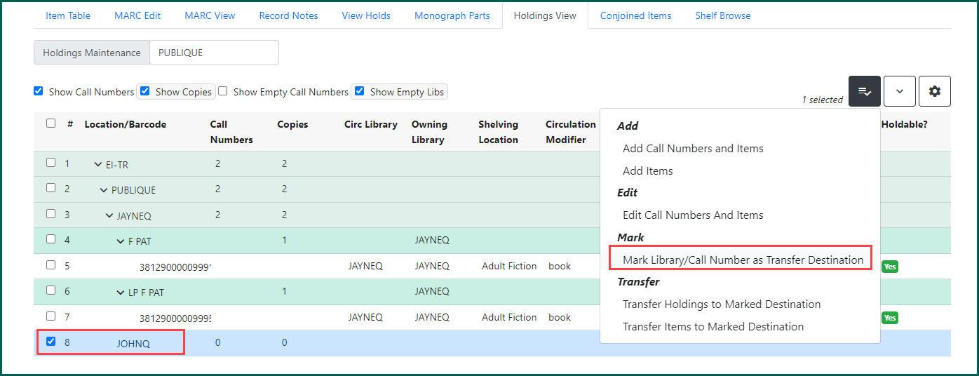 Select the branch level you are transferring the items to.