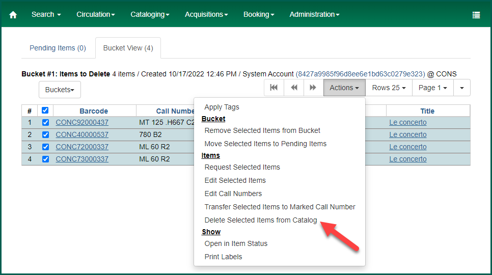 Select one or more items and choose Delete Selected Items from Catalog in the Actions menu.