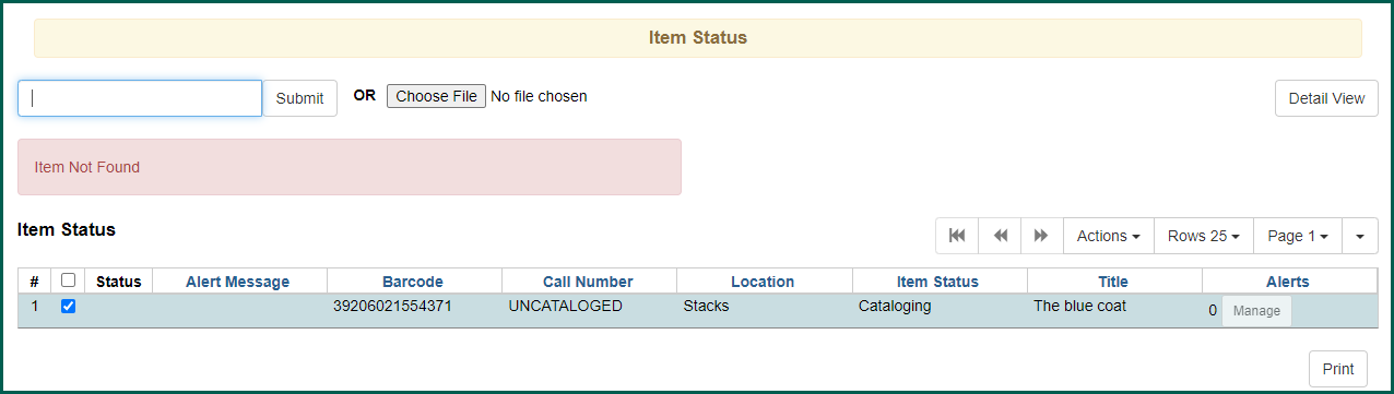 Item Not Found will appear in red above the Item Status grid.